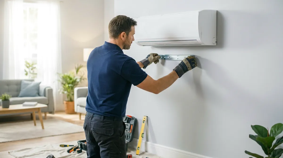 Engineer installing a wall-mounted air conditioning unit