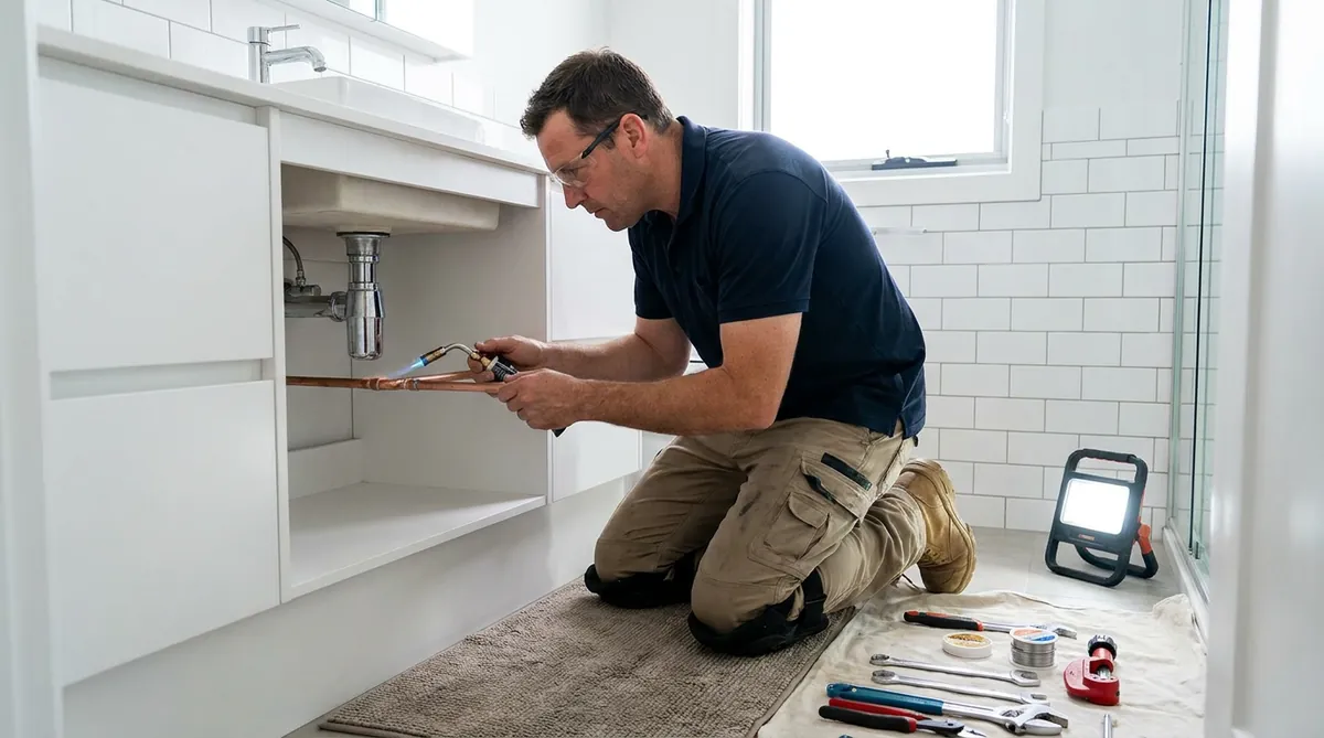 Plumber repairing copper pipework